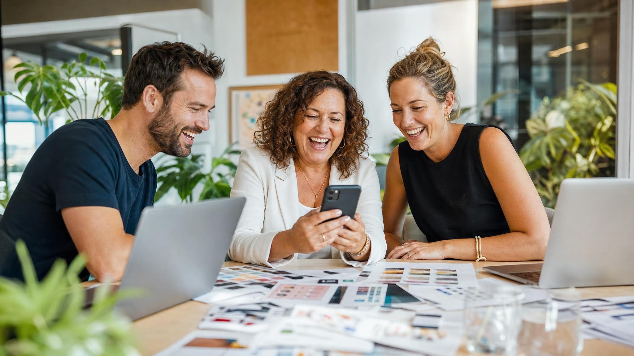 Two people from a small design agency showing a delighted café owner her new app on a phone across a bright studio table, laptops and sketches around them.
