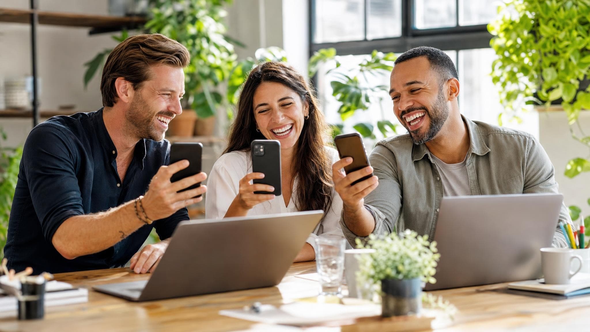 A small agency team at a long desk in a sunny studio, laughing as they compare client apps on their phones and laptops.