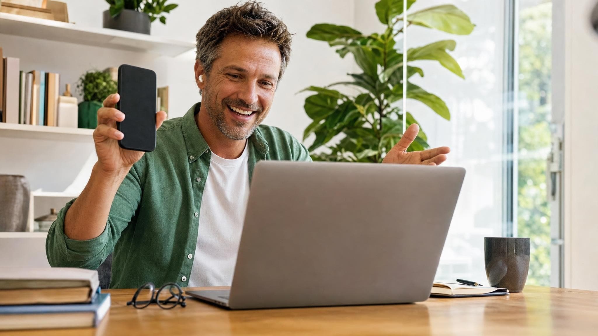 A consultant at a bright home-office desk smiling on a video call with a client, holding up a phone to show the client’s new app.