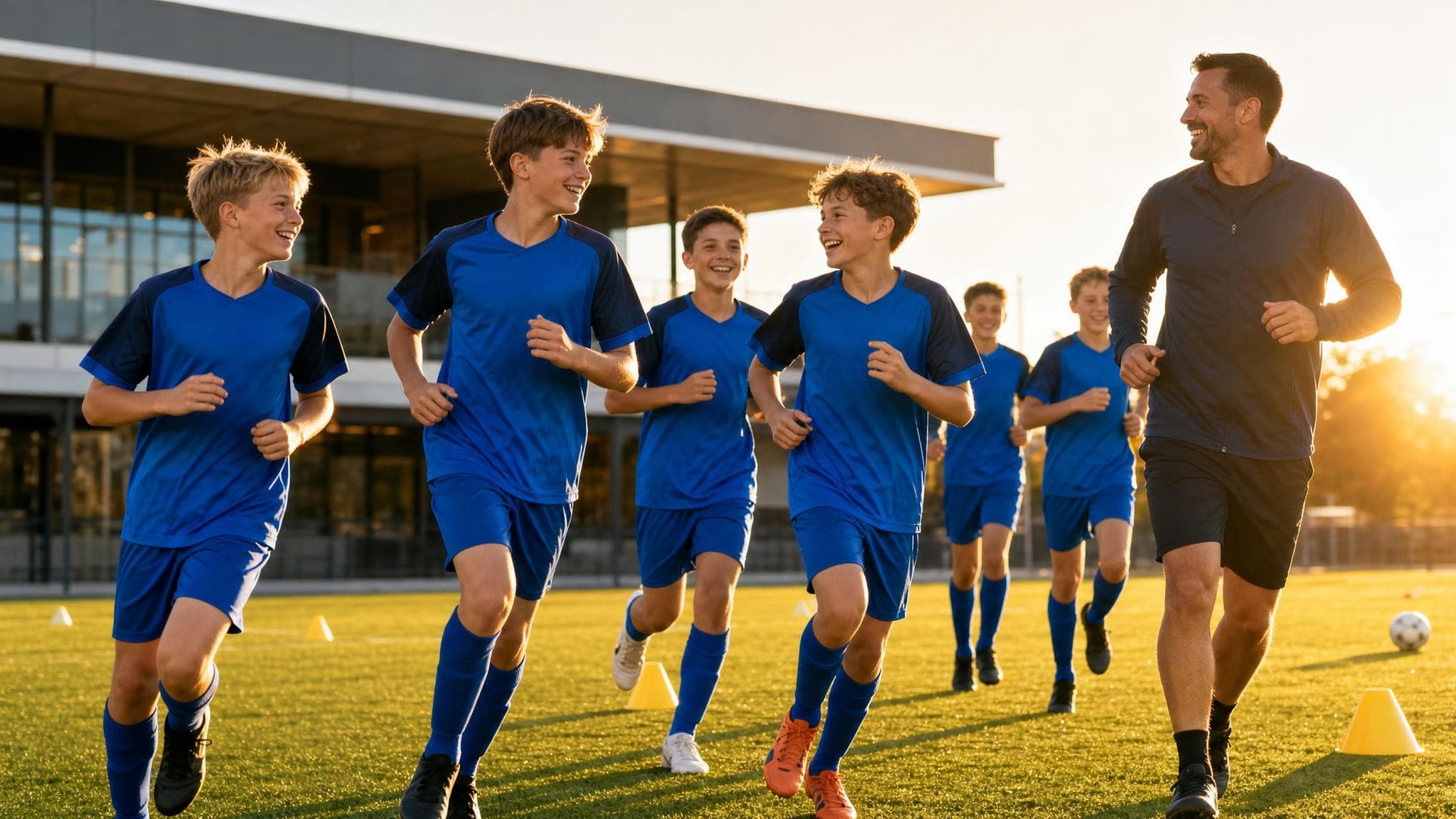 A junior football team in matching blue kit jogging and laughing across a training pitch at sunset, cones laid out around them and their coach running alongside.