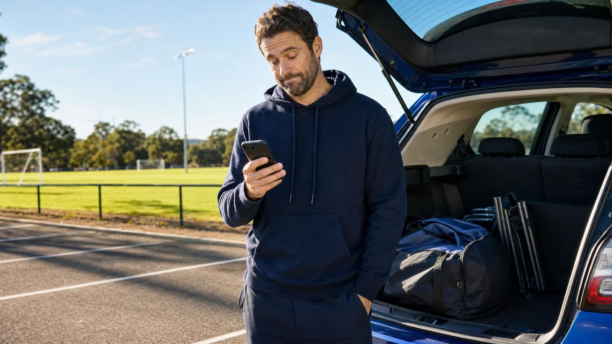 A dad in a club hoodie at the open boot of his car beside an empty, quiet football ground, looking at his phone with a disappointed, slightly deflated expression, a kit bag and folding chair in the boot.
