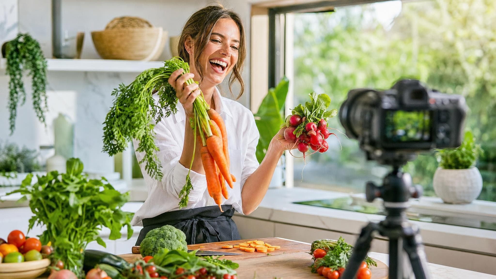 A cook in a sunlit kitchen laughing as she holds up carrots and radishes to a camera on a tripod, fresh vegetables on the bench.