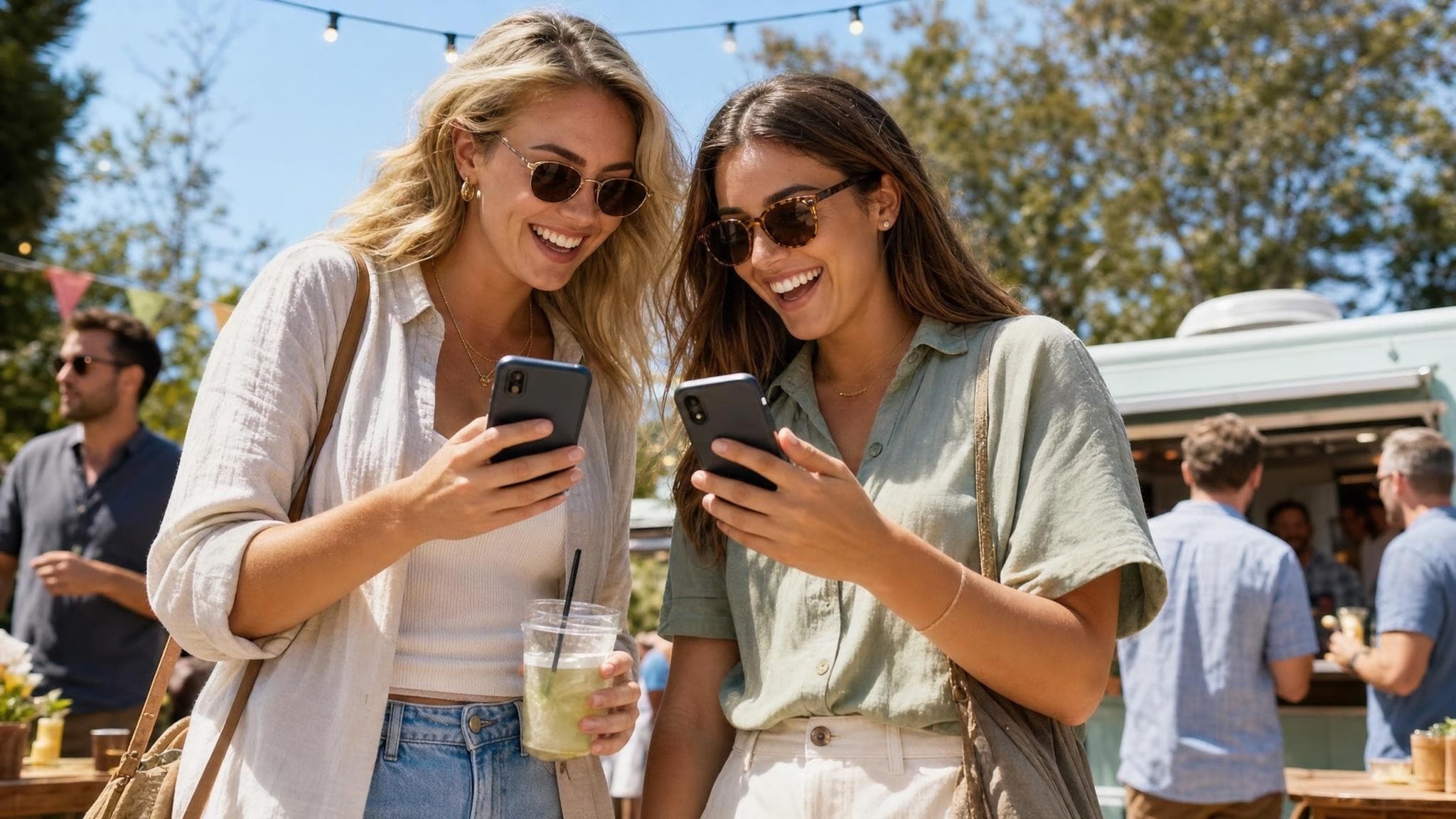 Two festival-goers outside a venue smiling as they both look at a notification on their phones.