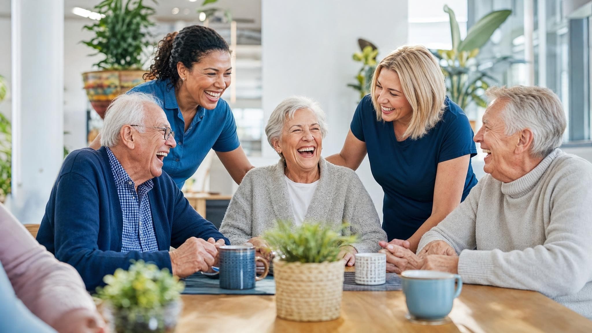 Older people and two support workers laughing together over cups of tea at a table in a bright community room full of plants.