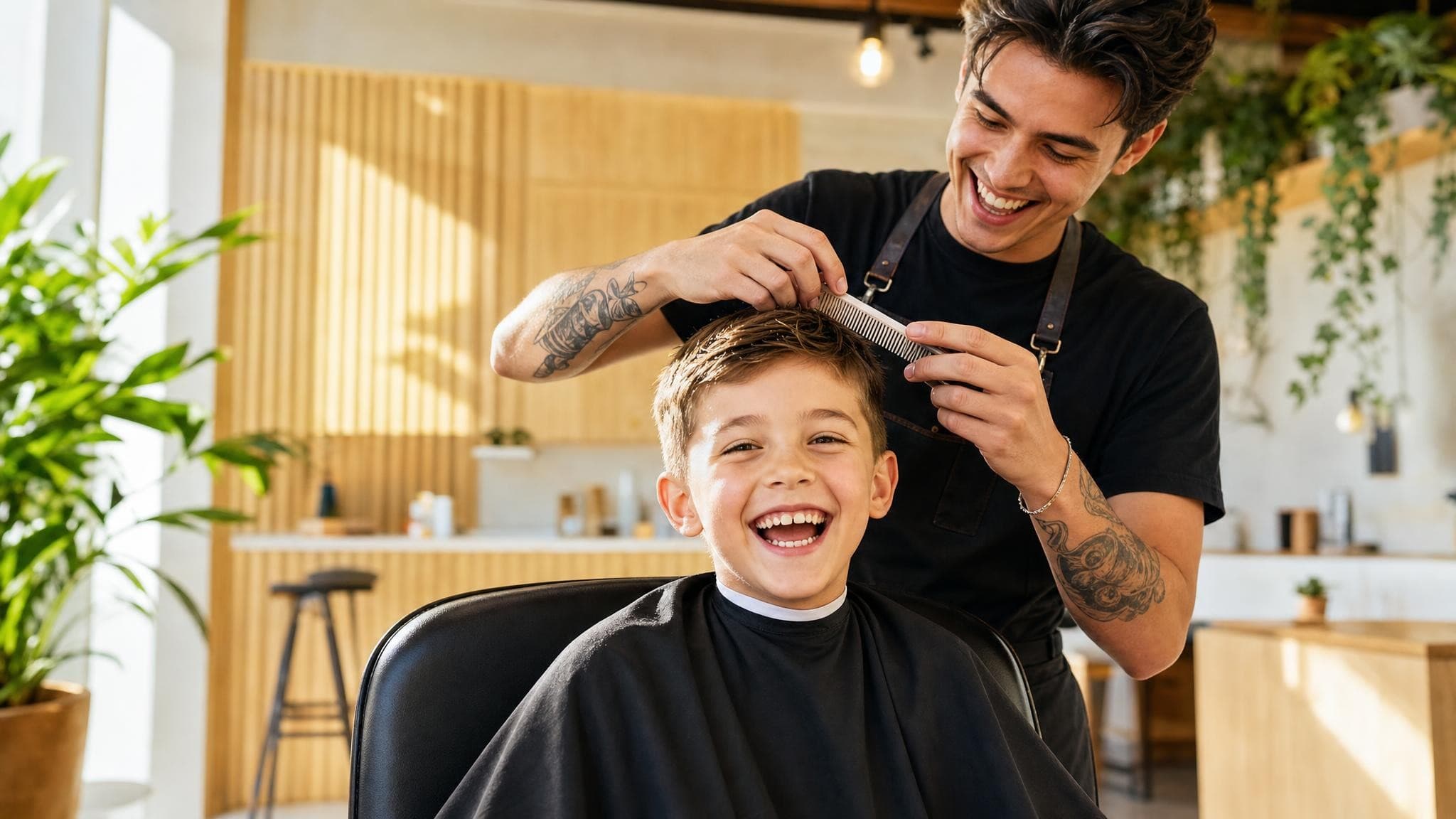 A barber combing a laughing boy’s hair in a sunlit barbershop, the boy grinning straight at the camera.