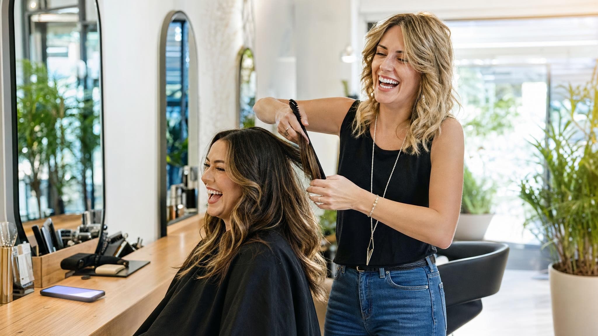 A hairdresser laughing with her client mid-appointment in a bright salon, while a phone lights up with a call on the bench beside them.