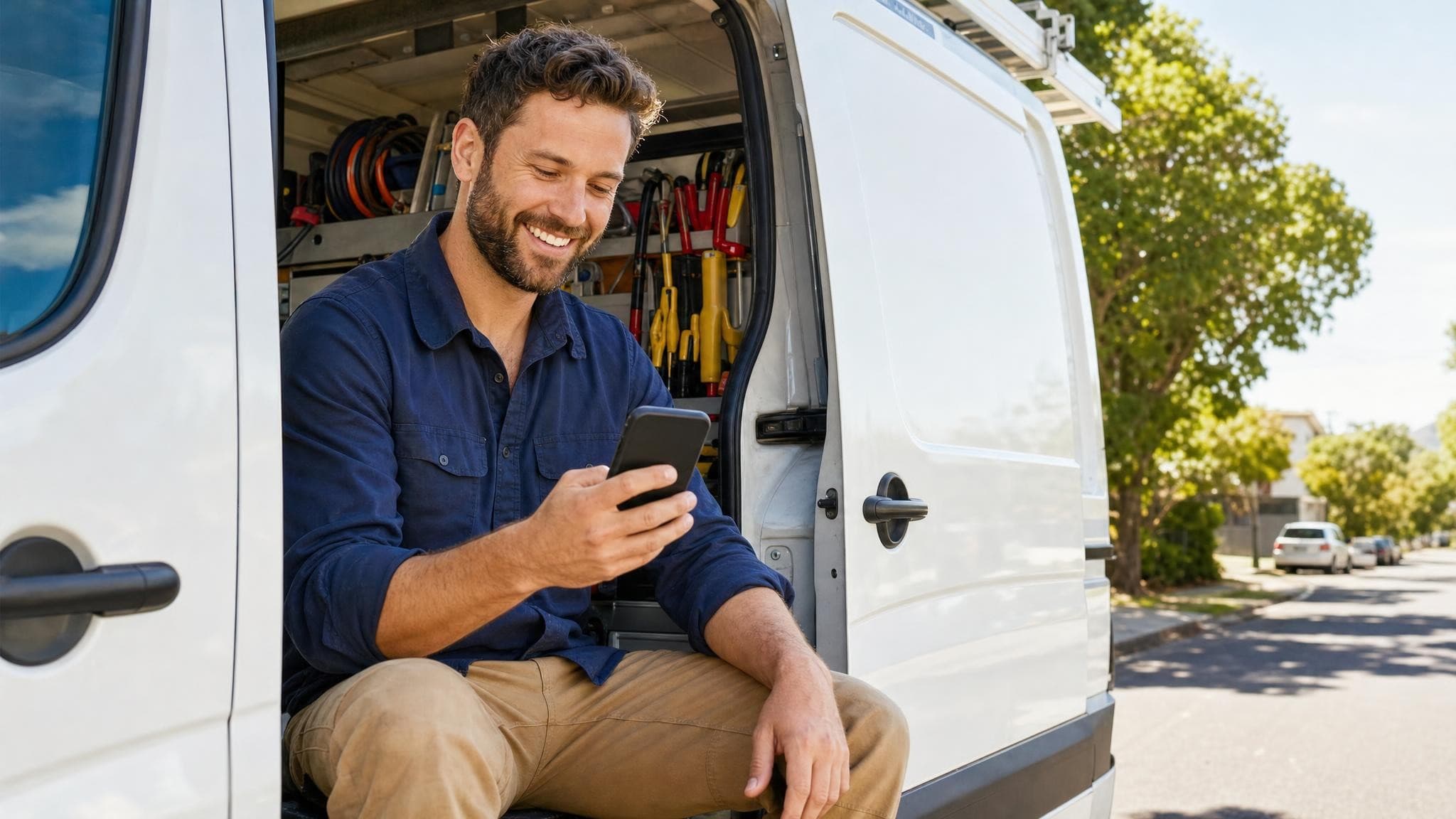 A smiling tradesperson sitting in the side door of his work van on a sunny street, checking a payment on his phone, tools racked behind him.