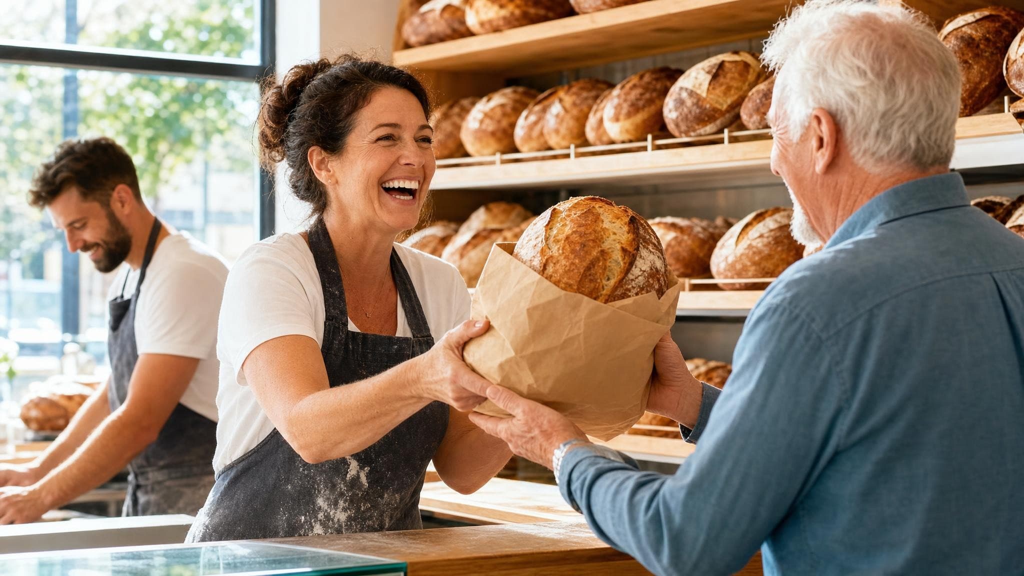 A baker in an apron laughing with a regular customer as she hands over a paper bag of bread at the counter.