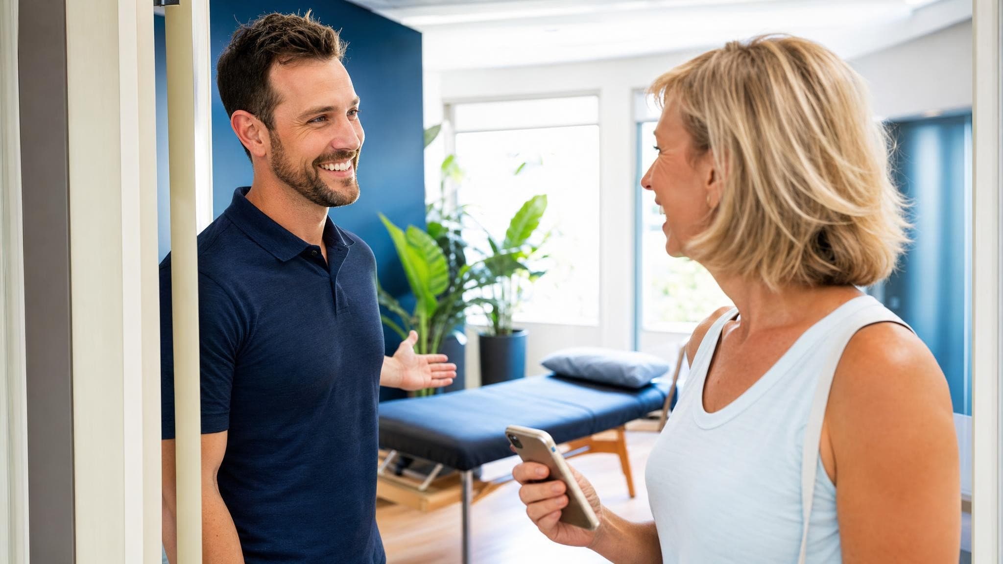 A physiotherapist greeting a smiling client at the door of a bright clinic room, the client holding her phone.