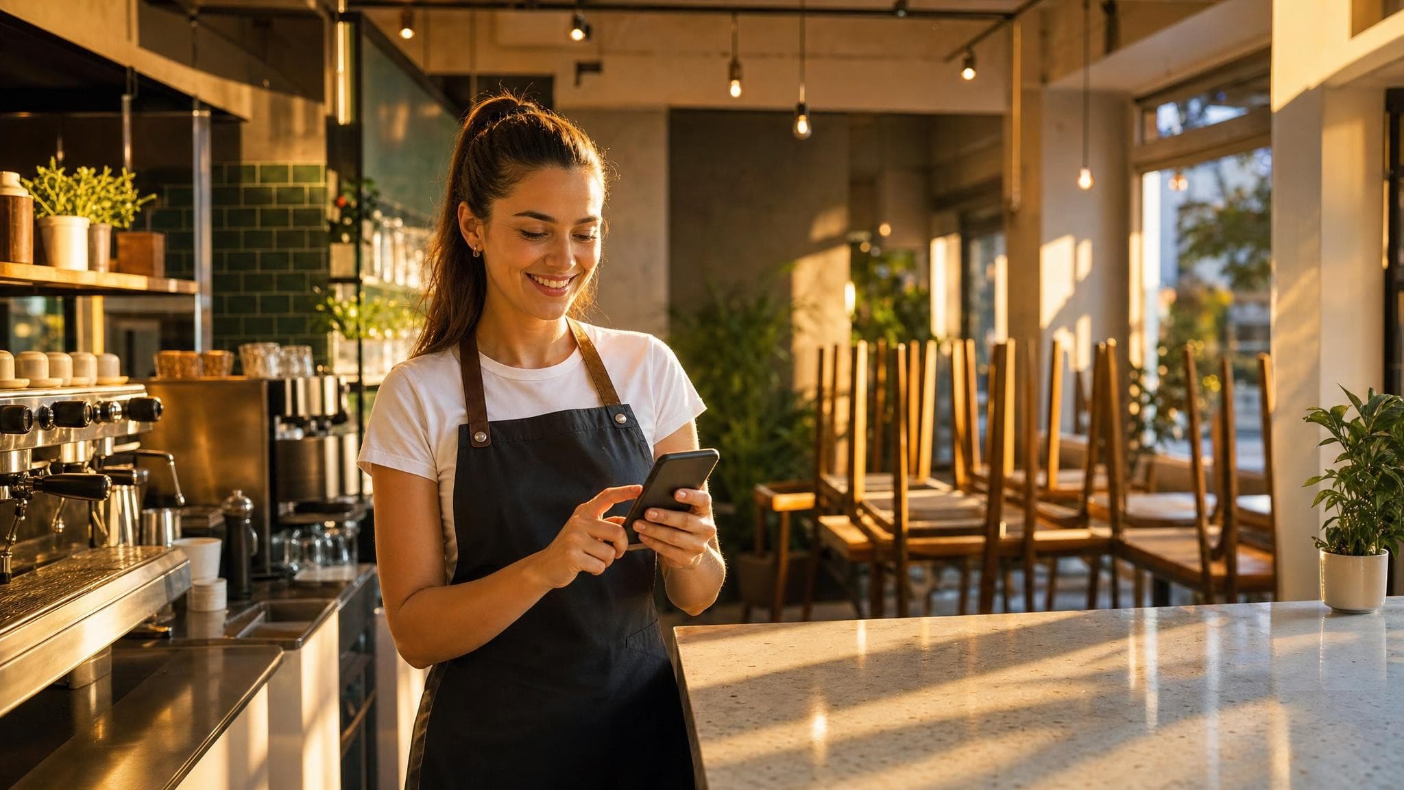 A café worker in an apron smiling as she ticks off a closing checklist on her phone behind a clean, empty counter.