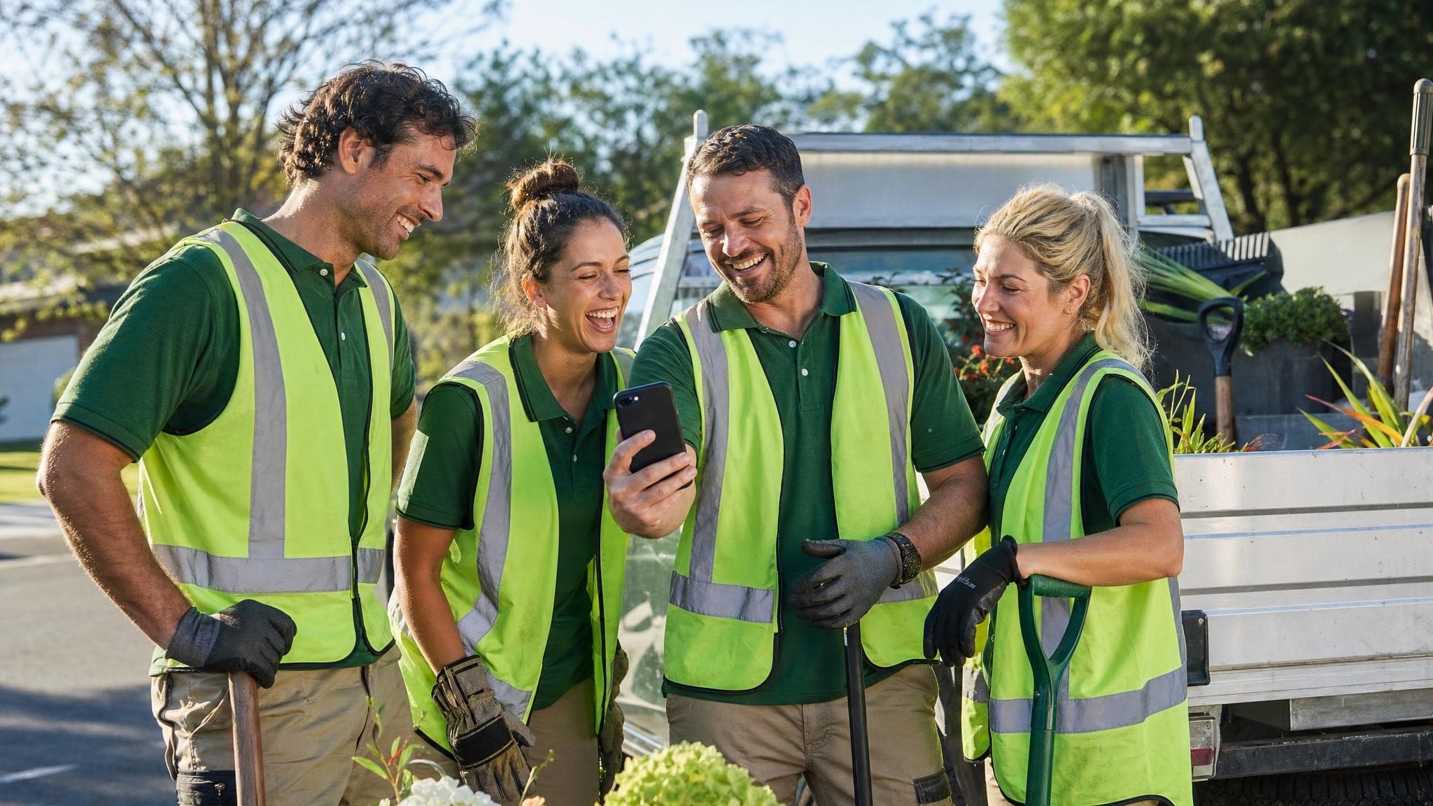 A small landscaping crew in hi-vis shirts laughing together beside their work ute in the morning, the team leader holding up a phone to show them something.
