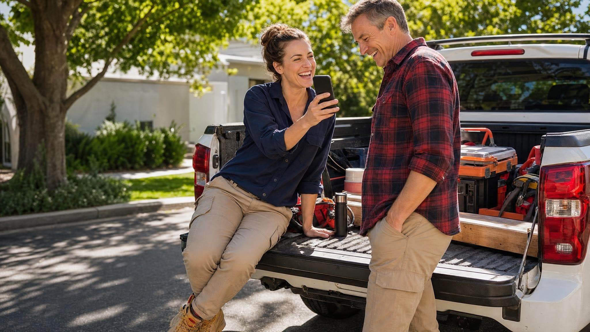 A tradeswoman sitting on the open tailgate of her ute, laughing as she shows a smiling client something on her phone.