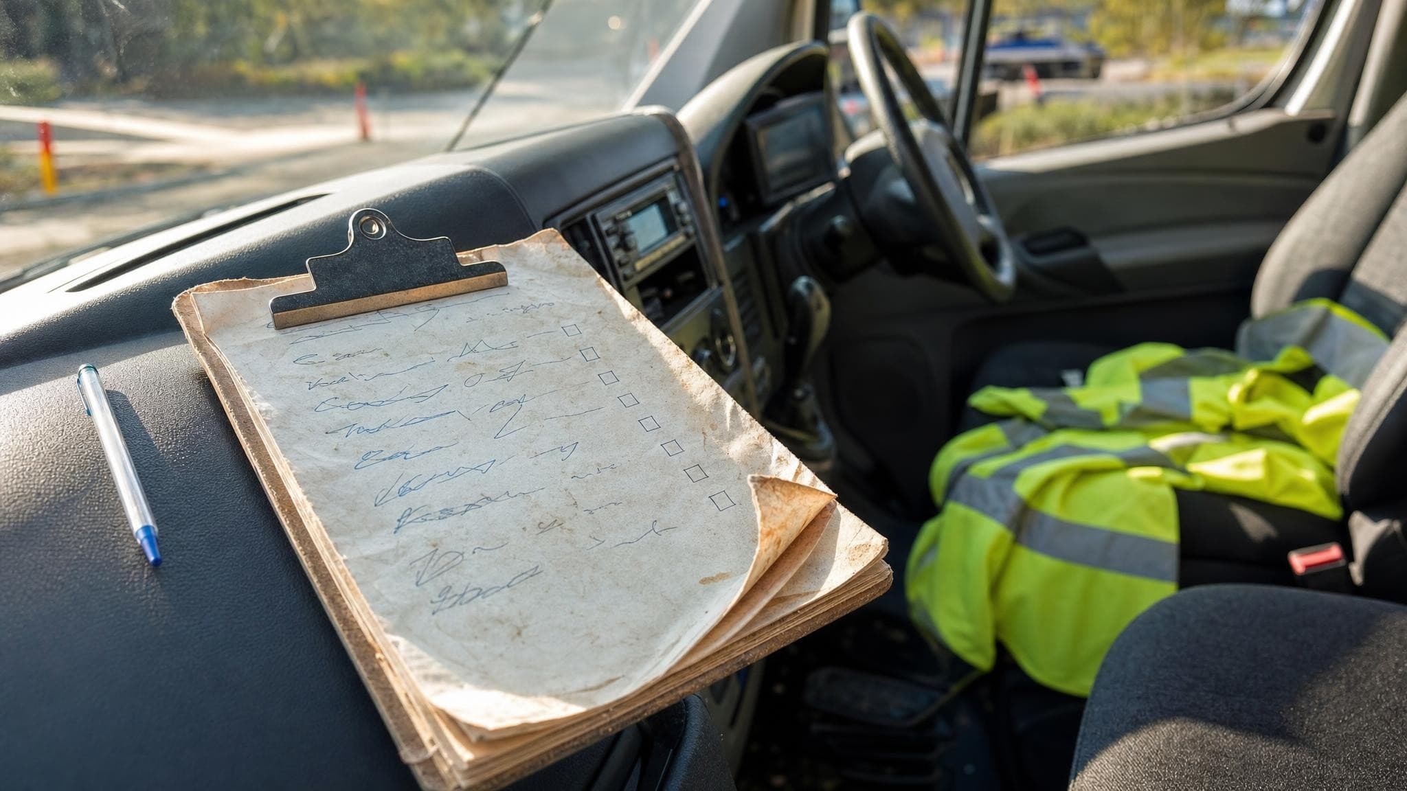 A coffee-stained paper checklist on a clipboard, folded and crumpled, lying on the dashboard of a work ute.