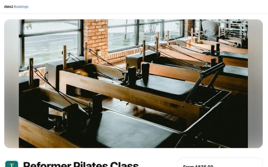 A studio’s public booking page on Able2: Reformer Pilates Class, from A$35, with a Choose a time button