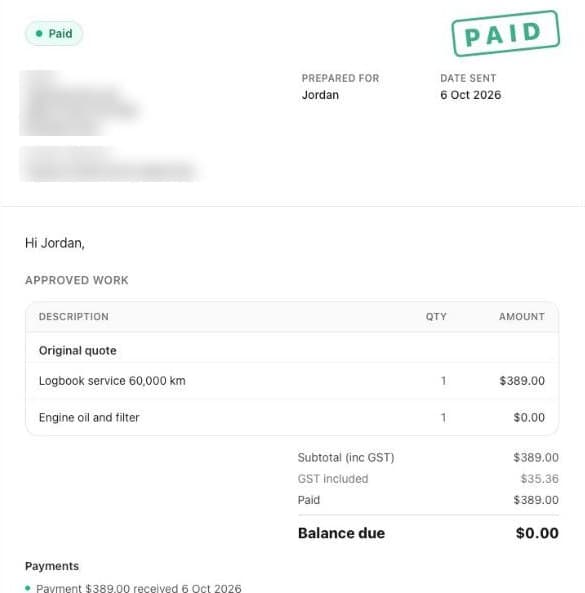 A quote paid online through Able2: receipt stamped Paid, A$389 logbook service, balance due $0.00, payment received