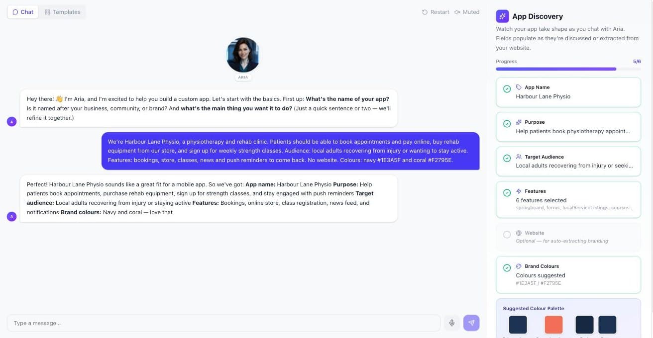Aria, the Able2 setup assistant, turning a clinic owner’s description into an app plan: name, purpose, audience, features and brand colours filled in