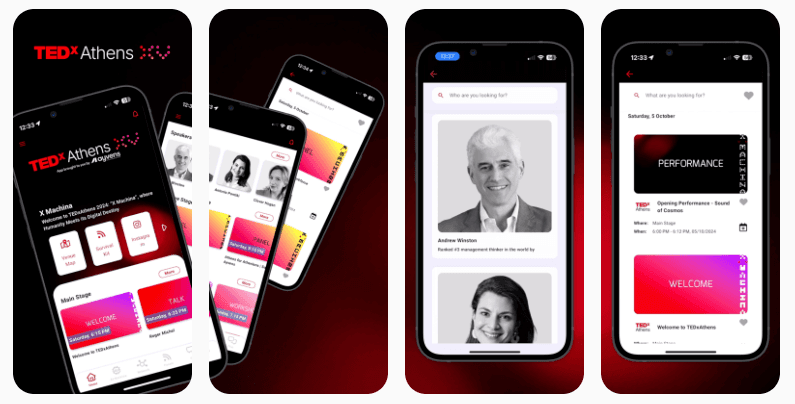 Screens from the TEDxAthens app